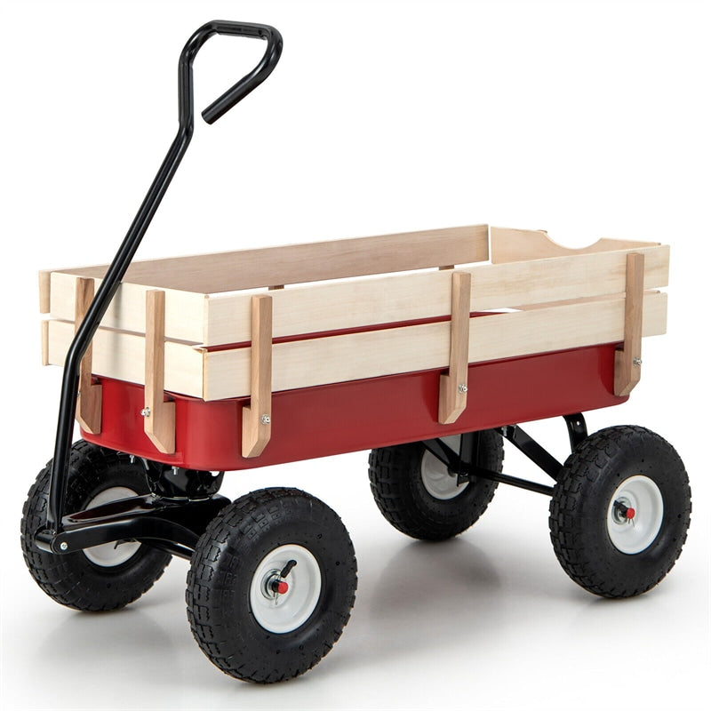 Heavy Duty Outdoor Utility Wagon Pulling Children Kid Garden Cart with Wood Railing & Adjustable Handle