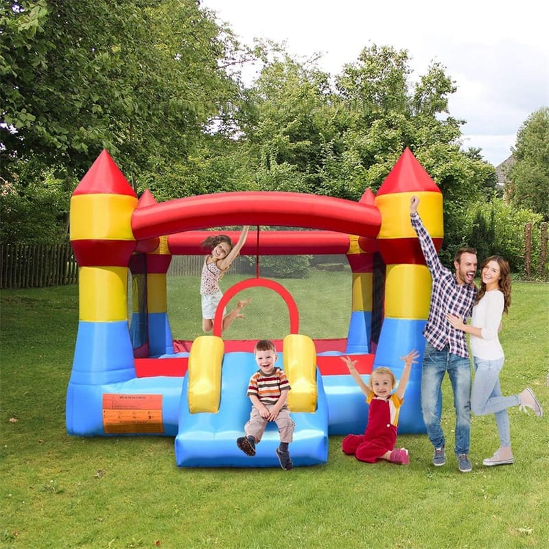 Inflatable Bounce House Kids Bouncy Castle Jumper Moonwalk Playhouse with Slide, 480W Blower, Large Jumping Area, Mesh Walls for Indoor Outdoor Party