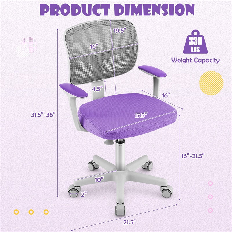 Adjustable Kids Desk Chair Children Swivel Study Computer Chair with Lumbar Support & Universal Casters