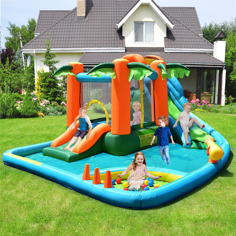 Inflatable Water Slide Tropical Castle Bounce House Mega Water Park Splash Pool Ball Pit Combo with Jumping Area & 735W Blower