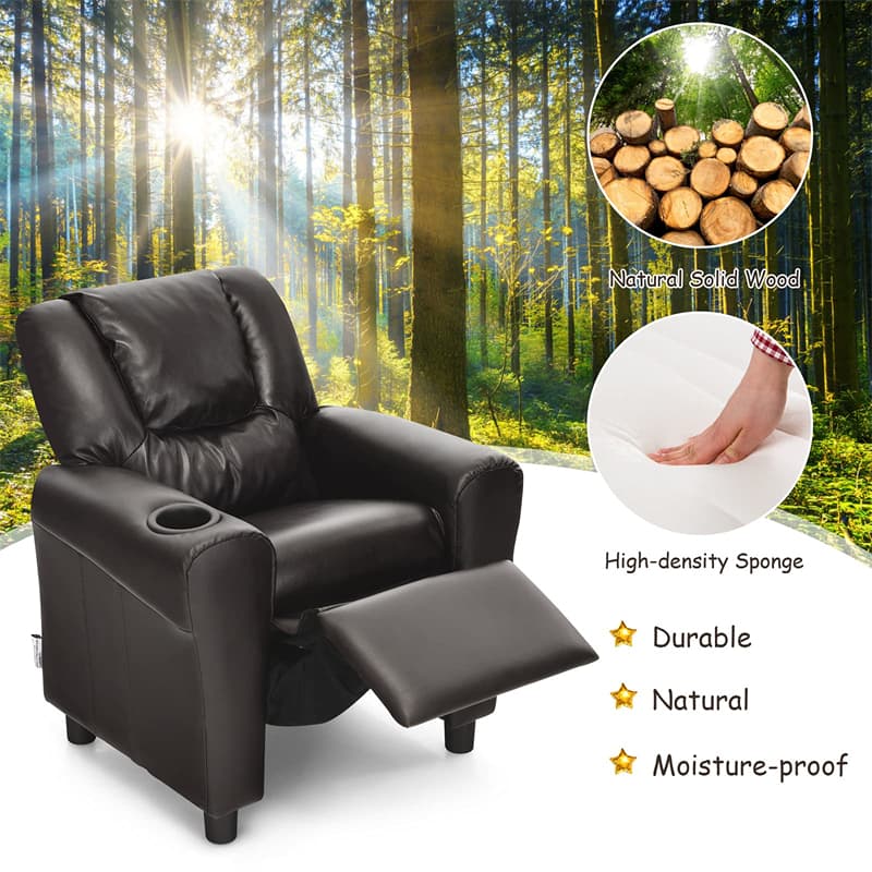 Kids Recliner Ergonomic PU Leather Sofa Chair with Cup Holder, Headrest & Footrest, Children Armrest Couch for Toddler Bedroom Furniture