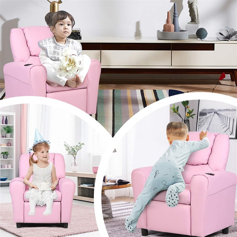 Kids Recliner Ergonomic PU Leather Sofa Chair with Cup Holder, Headrest & Footrest, Children Armrest Couch for Toddler Bedroom Furniture