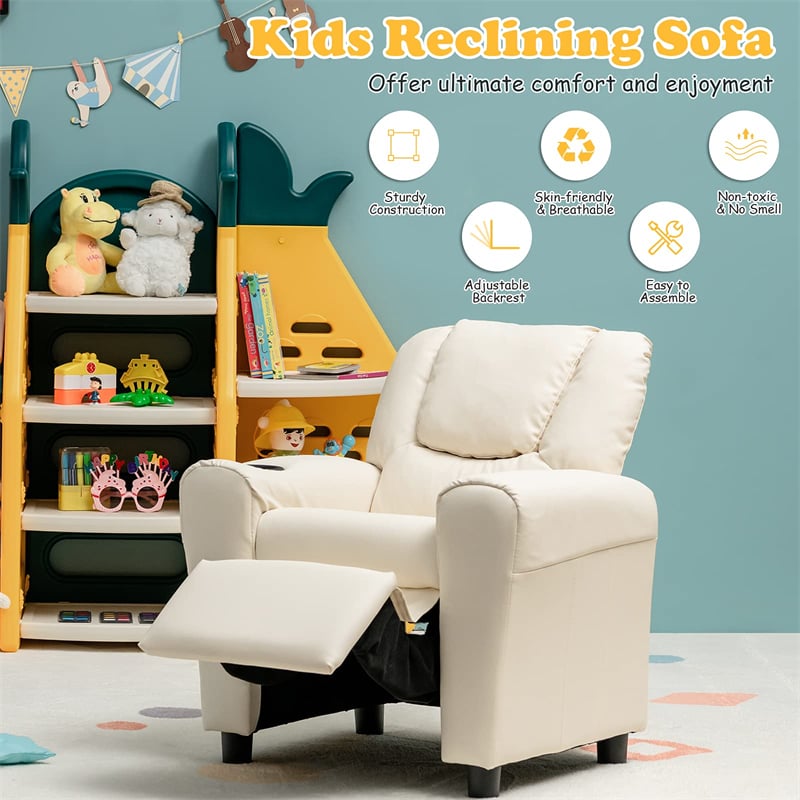 Kids Recliner Ergonomic PU Leather Sofa Chair with Cup Holder, Headrest & Footrest, Children Armrest Couch for Toddler Bedroom Furniture