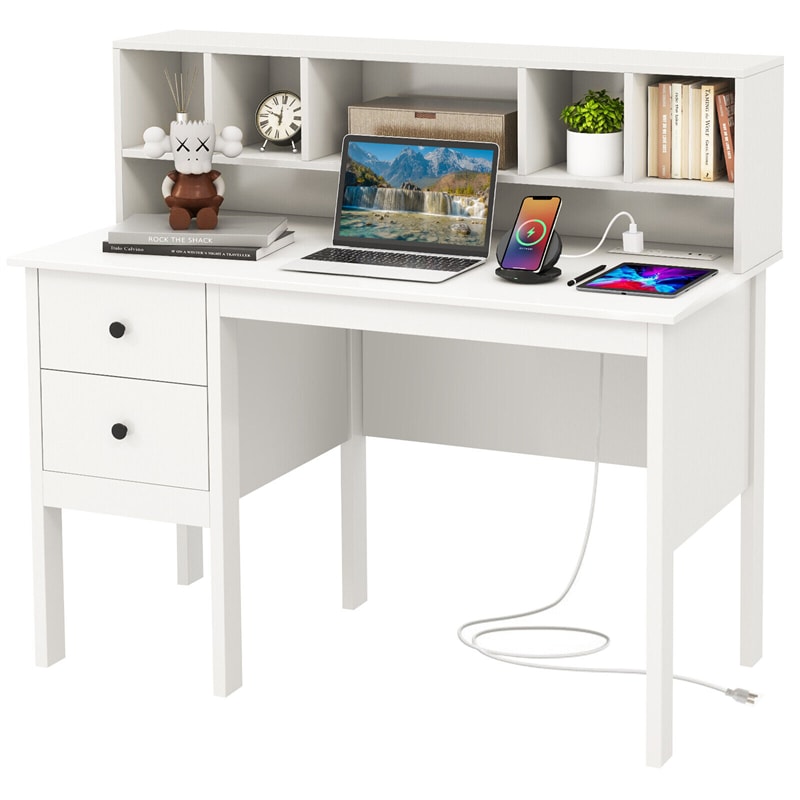 White Desk with Storage Drawers & Charging Station, Modern Home Office Computer Desk 48" Writing Table with 5-Cubby Hutch