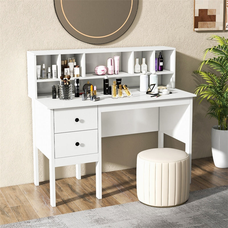 White Desk with Storage Drawers & Charging Station, Modern Home Office Computer Desk 48" Writing Table with 5-Cubby Hutch