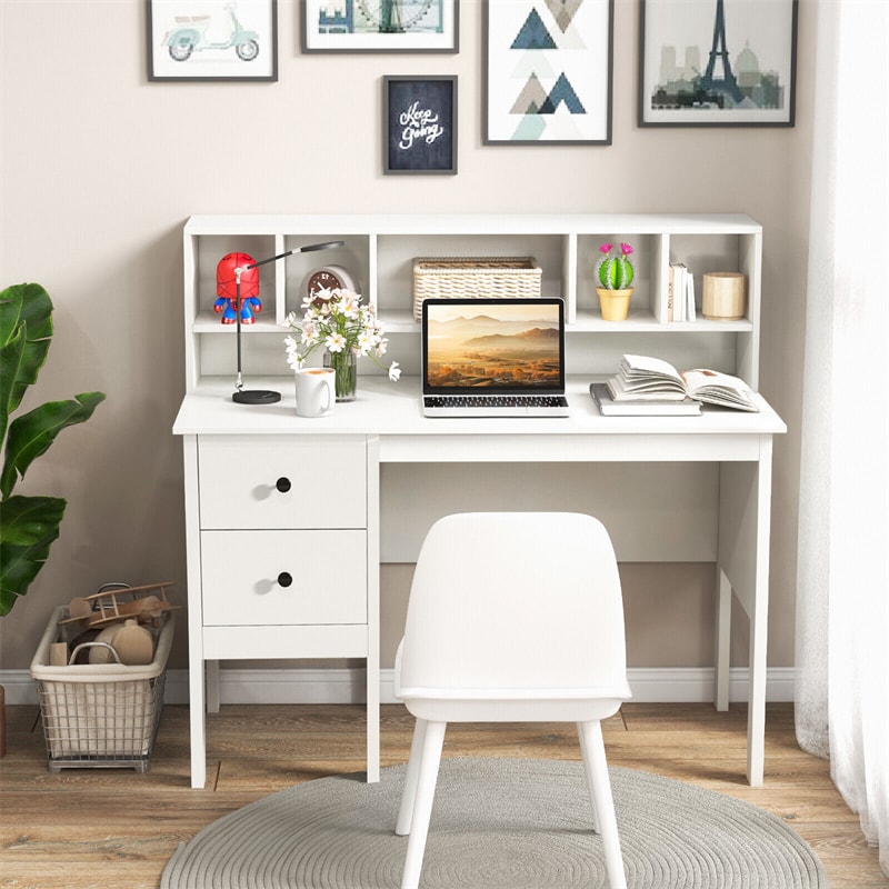 White Desk with Storage Drawers & Charging Station, Modern Home Office Computer Desk 48" Writing Table with 5-Cubby Hutch