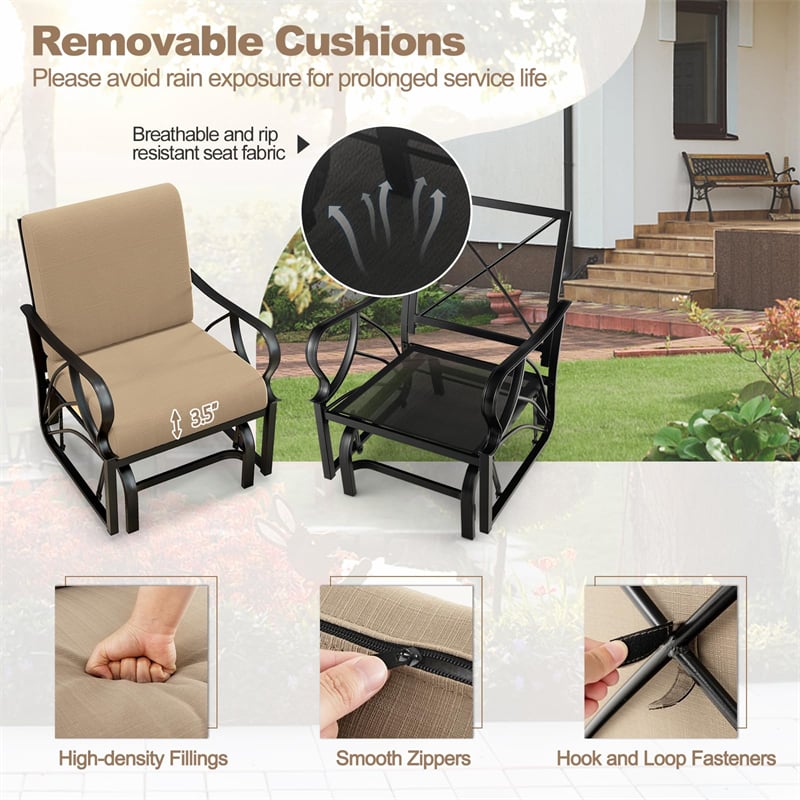 2PCS Outdoor Patio Glider Rocker Heavy-Duty Metal Frame Rocking Chair with Soft Cushions & Ergonomic Curved Armrests