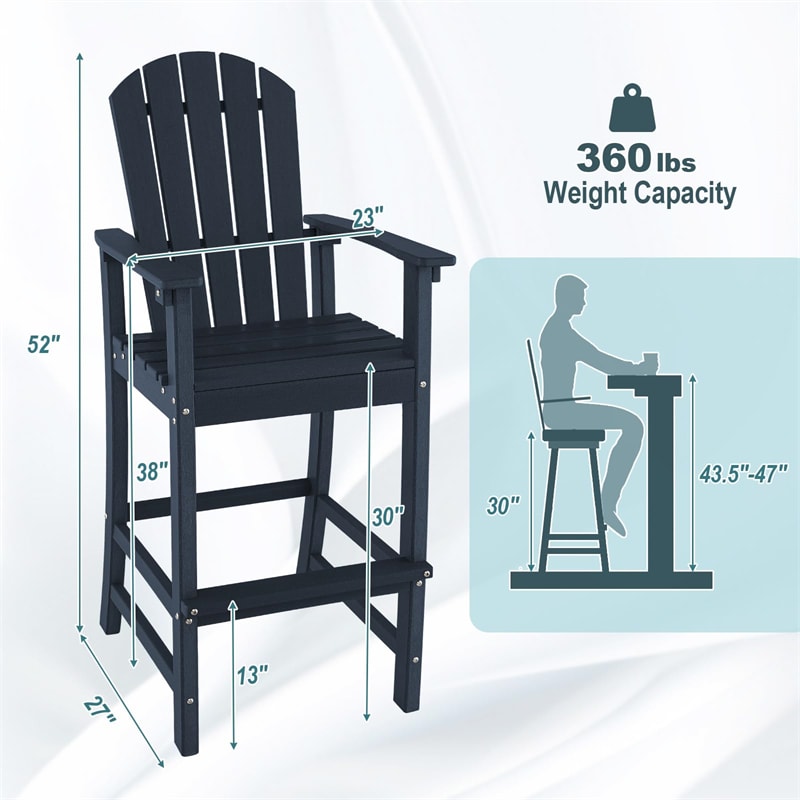 Outdoor HDPE Bar Stools Set of 2 All Weather 30" Bar Height Adirondack Chairs with Armrests & Footrests