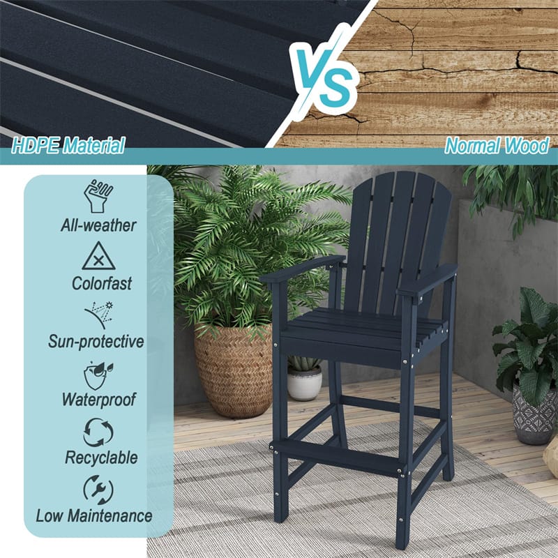 Outdoor HDPE Bar Stools Set of 2 All Weather 30" Bar Height Adirondack Chairs with Armrests & Footrests