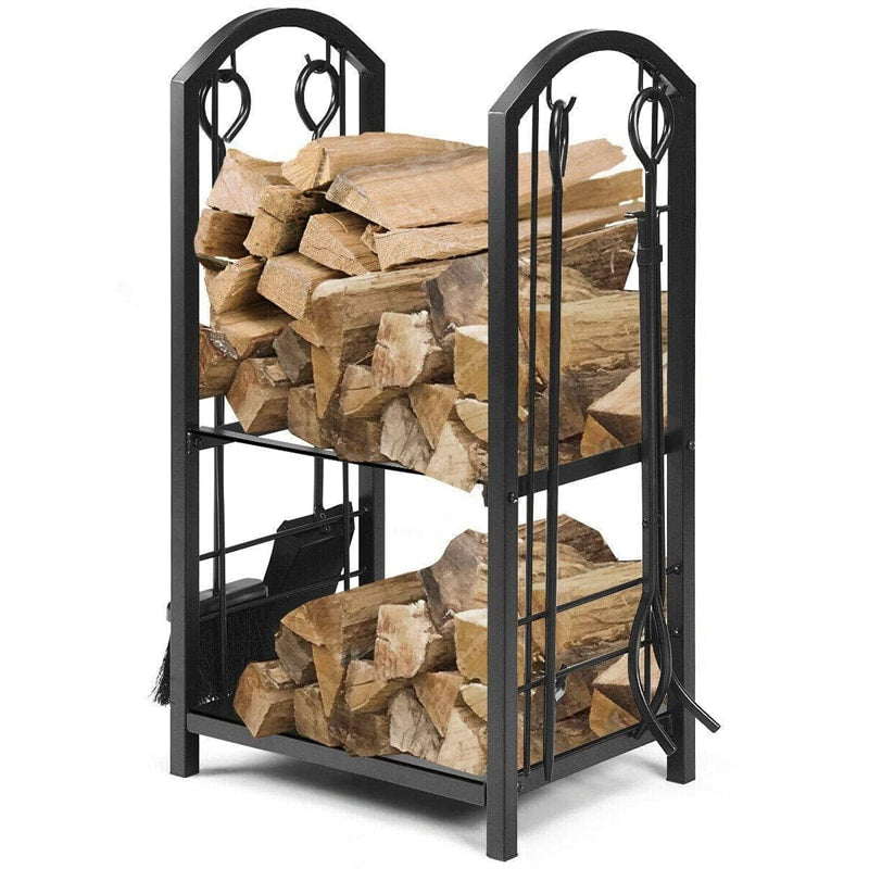 Firewood Rack with 4 Fireplace Tools Set, Heavy Duty Wrought Iron Log Rack Wood Storage Firewood Holder for Outdoor Indoor