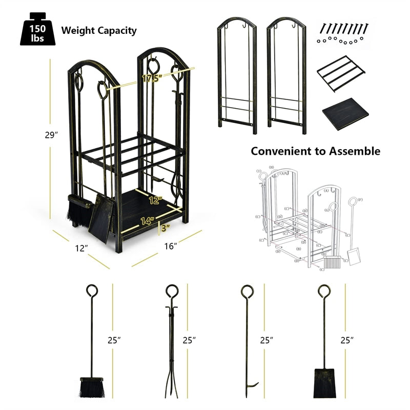 Firewood Rack with 4 Fireplace Tools Set, Heavy Duty Wrought Iron Log Rack Wood Storage Firewood Holder for Outdoor Indoor