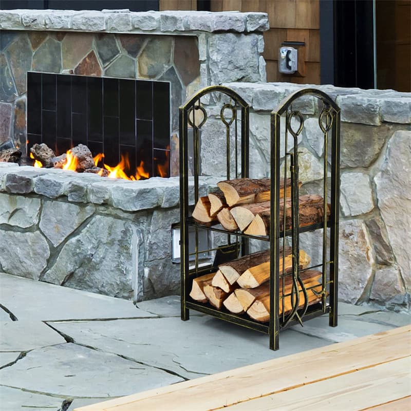 Firewood Rack with 4 Fireplace Tools Set, Heavy Duty Wrought Iron Log Rack Wood Storage Firewood Holder for Outdoor Indoor