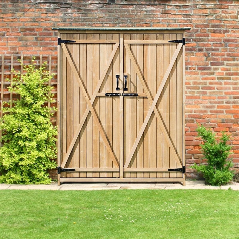 64" Solid Wood Outdoor Storage Shed Garden Tool Storage Cabinet Garden Hutch with 2 Lockable Doors & Tilted Asphalt Roof