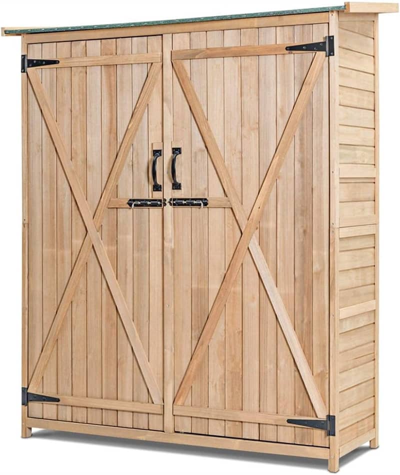 64" Solid Wood Outdoor Storage Shed Garden Tool Storage Cabinet Garden Hutch with 2 Lockable Doors & Tilted Asphalt Roof