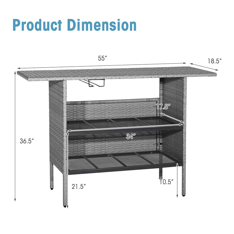 Outdoor Wicker Bar Table All Weather Rattan Bar Counter Table with 2 Metal Mesh Shelves & 2-Rail Steel Stemware Racks