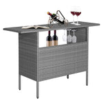 Outdoor Wicker Bar Table All Weather Rattan Bar Counter Table with 2 Metal Mesh Shelves & 2-Rail Steel Stemware Racks