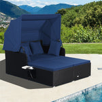 Patio Rattan Daybed Outdoor Wicker Double Sun Lounger with Retractable Top Canopy, 2 Side Table, Soft Seat & Back Cushions