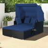 Patio Rattan Daybed Outdoor Wicker Double Sun Lounger with Retractable Top Canopy, 2 Side Table, Soft Seat & Back Cushions