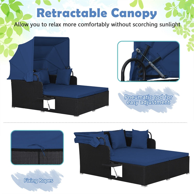 Patio Rattan Daybed Outdoor Wicker Double Sun Lounger with Retractable Top Canopy, 2 Side Table, Soft Seat & Back Cushions