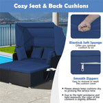 Patio Rattan Daybed Outdoor Wicker Double Sun Lounger with Retractable Top Canopy, 2 Side Table, Soft Seat & Back Cushions