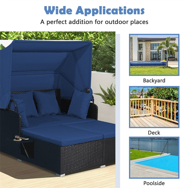 Patio Rattan Daybed Outdoor Wicker Double Sun Lounger with Retractable Top Canopy, 2 Side Table, Soft Seat & Back Cushions