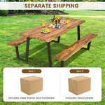 Acacia Wood Picnic Table Bench Set for 6-8, Patented 70” Outdoor Dining Table with Umbrella Hole & 2 Built-in Benches for Garden Backyard