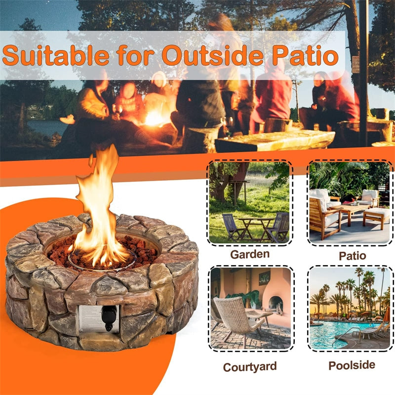 28" Round Propane Fire Pit 40,000 BTU Outdoor Stone Gas Fire Pit with Lava Rocks & PVC Cover for Patio Garden Backyard