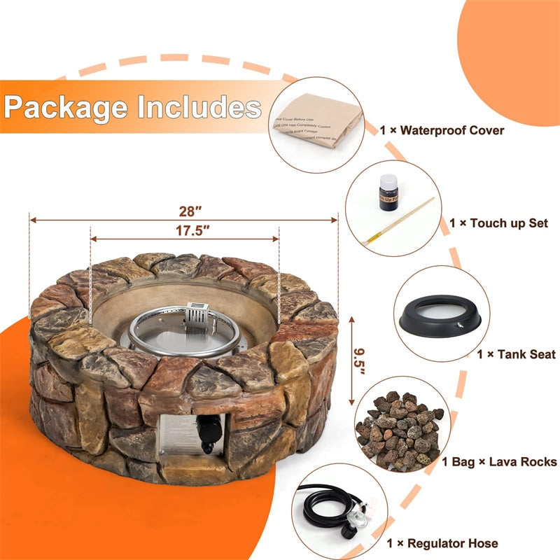 28" Round Propane Fire Pit 40,000 BTU Outdoor Stone Gas Fire Pit with Lava Rocks & PVC Cover for Patio Garden Backyard