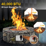 28" Round Propane Fire Pit 40,000 BTU Outdoor Stone Gas Fire Pit with Lava Rocks & PVC Cover for Patio Garden Backyard