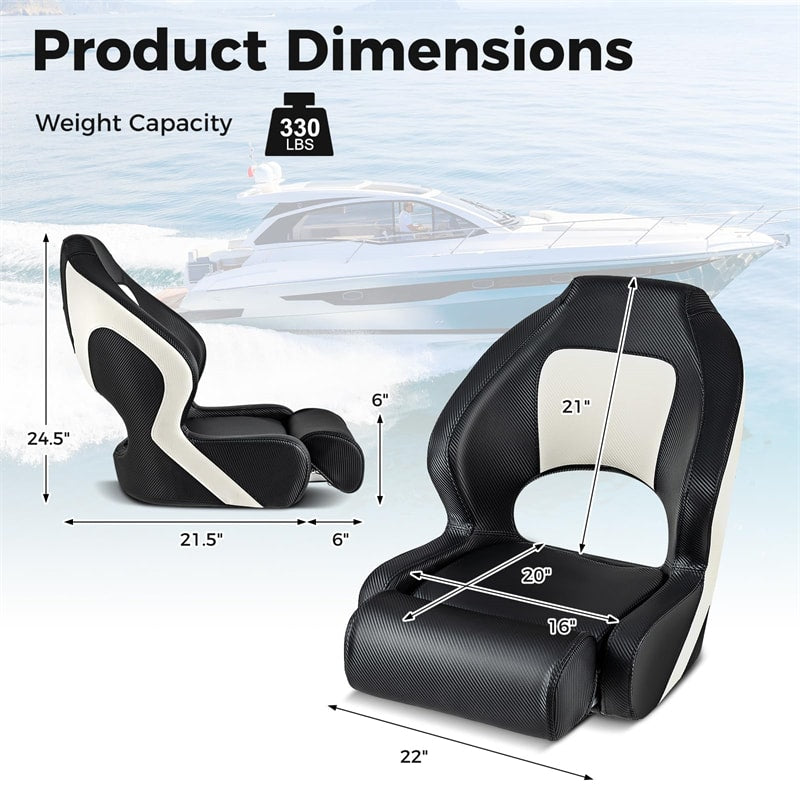 2 Pack Sports Boat Seat Captain Bucket Seat with Flip-up Bolster, Waterproof PVC Leather Upholstery, Curve Armrest, High Back Fishing Boat Chair