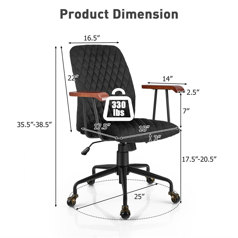 Velvet Home Office Chair Desk Chair Adjustable Swivel Task Chair Upholstered Home Leisure Chair with Rubber Wood Armrest & Copper Casters