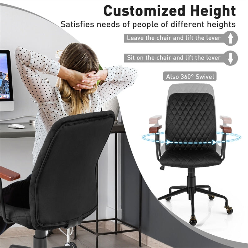 Velvet Home Office Chair Desk Chair Adjustable Swivel Task Chair Upholstered Home Leisure Chair with Rubber Wood Armrest & Copper Casters