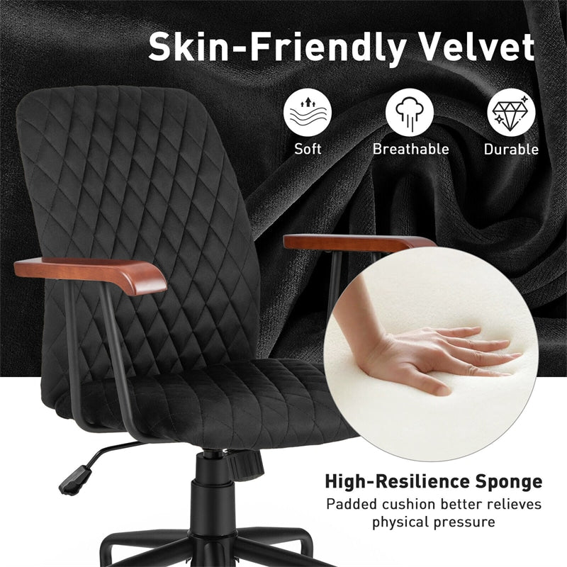 Velvet Home Office Chair Desk Chair Adjustable Swivel Task Chair Upholstered Home Leisure Chair with Rubber Wood Armrest & Copper Casters