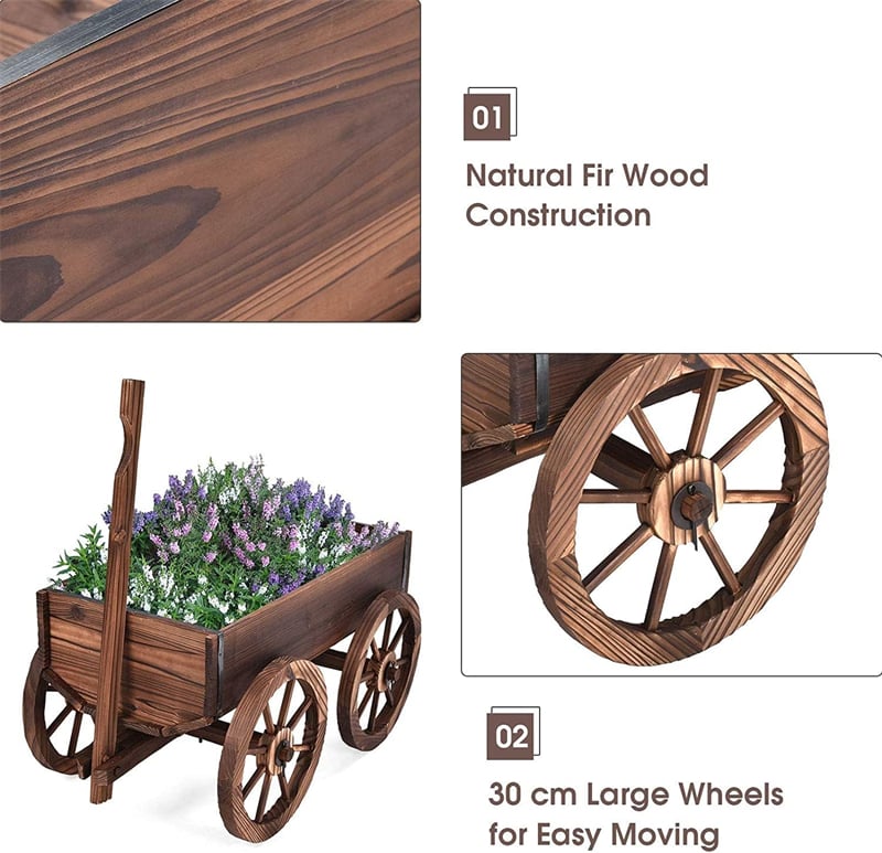 Wood Wagon Planter Flower Pot Stand with Wheels for Home Garden Outdoor Decor