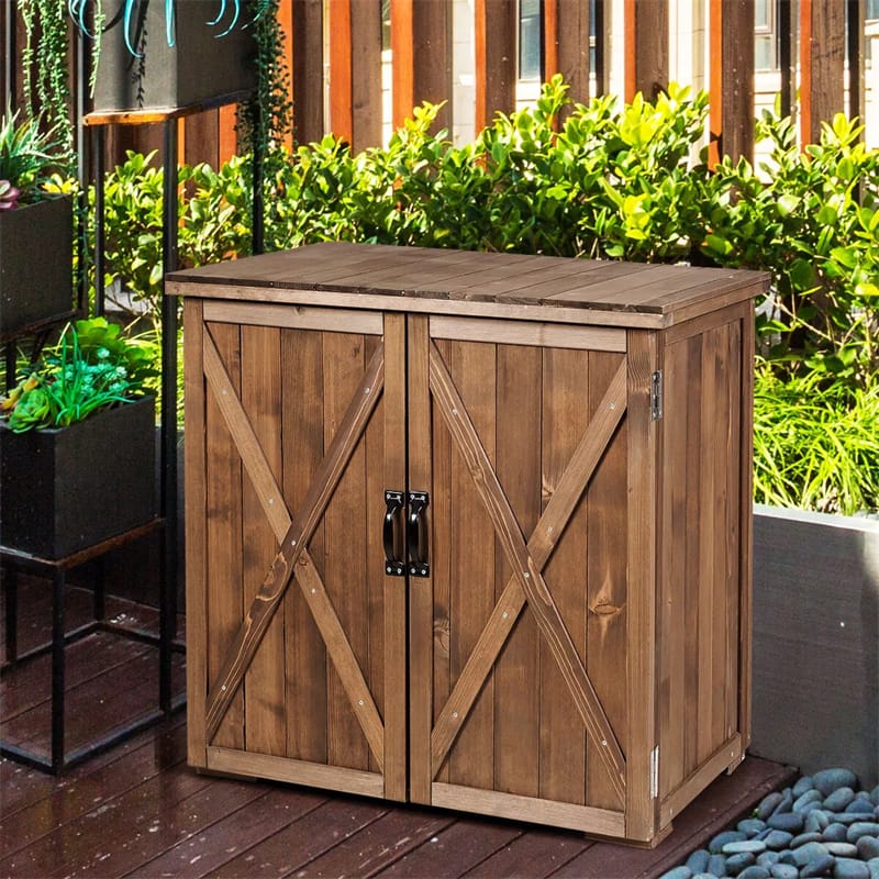 Wood Outdoor Storage Shed 2.5 x 2 FT Compact Fir Wood Tool Shed Patio Storage Box Garden Organizer with Double Doors & Handles