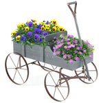 Wooden Wagon Flower Planter Decorative Garden Planter Wagon with Metal Wheels for Backyard