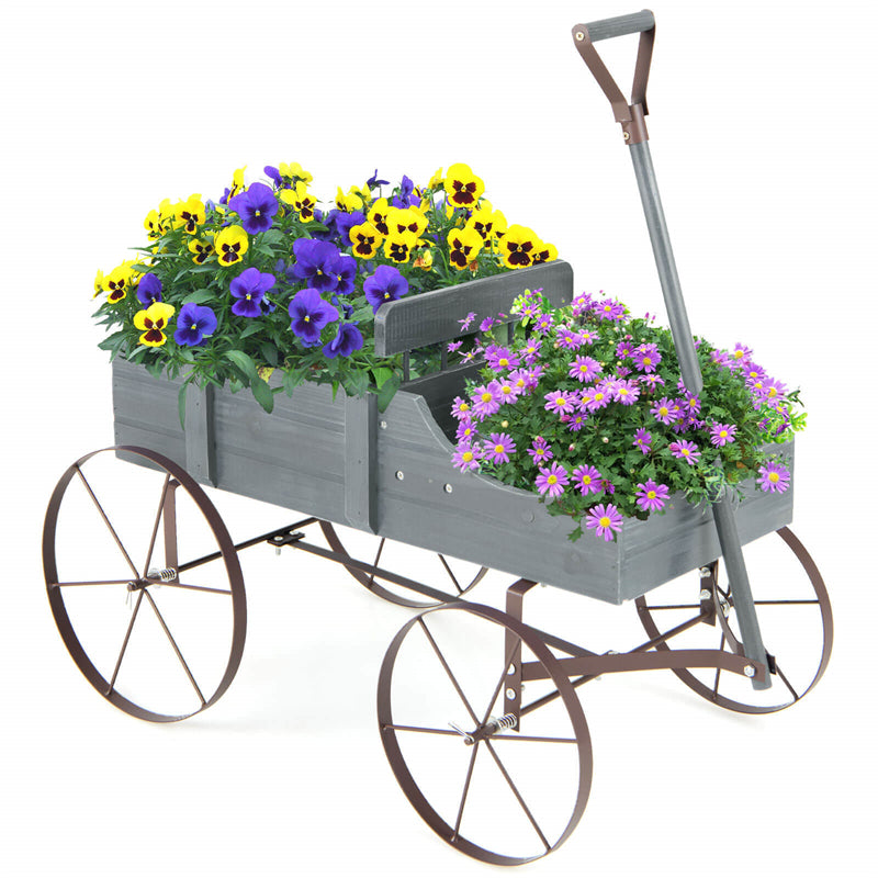 Wooden Wagon Flower Planter Decorative Garden Planter Wagon with Metal Wheels for Backyard