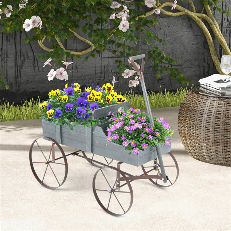 Wooden Wagon Flower Planter Decorative Garden Planter Wagon with Metal Wheels for Backyard