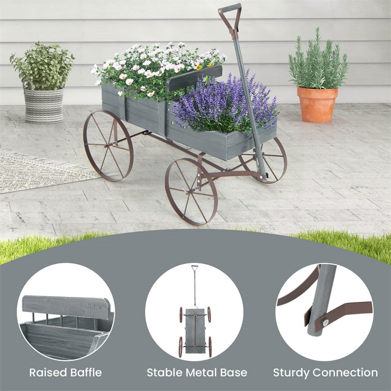 Wooden Wagon Flower Planter Decorative Garden Planter Wagon with Metal Wheels for Backyard