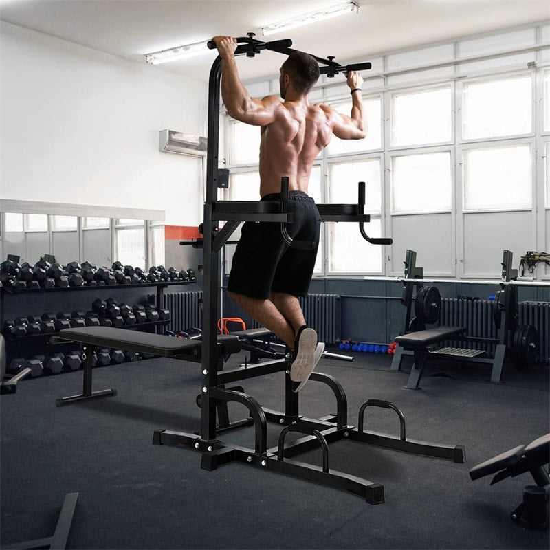 Adjustable Power Tower Multifunctional Pull-Up Bar Stand Dip Station Home Gym Equipment Full Body Workout Machine with Foldable Weight Bench