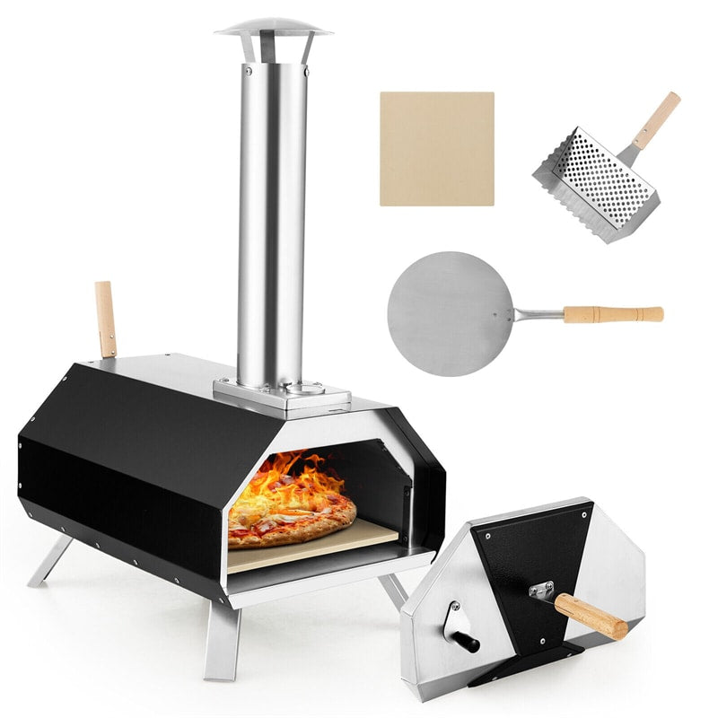 Beetle Outdoor Pizza Oven Wood Pellet Pizza Oven Grill Portable Stainless Steel Pizza Maker with 12'' Pizza Stone & Foldable Legs