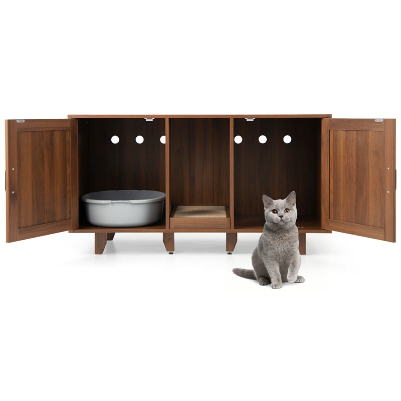 Cat Litter Box Enclosure Double Litter Box Furniture Large Hidden Cat Washroom TV Stand Side Table with 2 Cabinets & Scratching Board