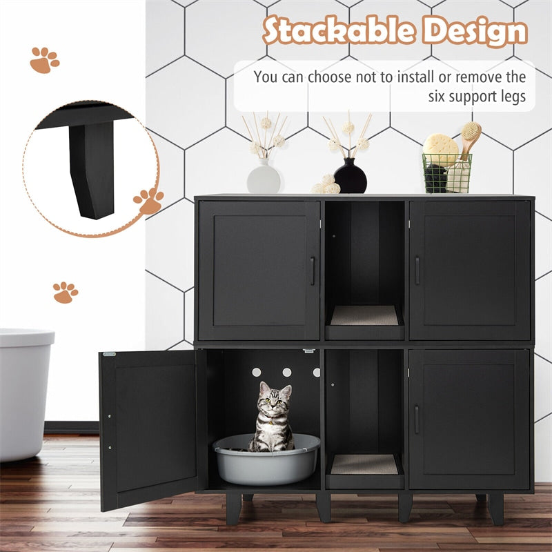 Cat Litter Box Enclosure Double Litter Box Furniture Large Hidden Cat Washroom TV Stand Side Table with 2 Cabinets & Scratching Board