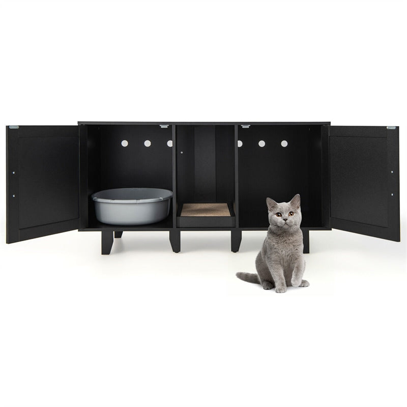 Cat Litter Box Enclosure Double Litter Box Furniture Large Hidden Cat Washroom TV Stand Side Table with 2 Cabinets & Scratching Board