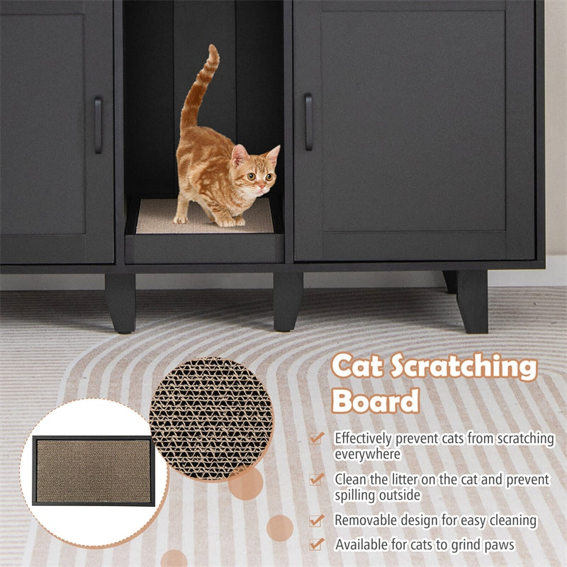 Cat Litter Box Enclosure Double Litter Box Furniture Large Hidden Cat Washroom TV Stand Side Table with 2 Cabinets & Scratching Board