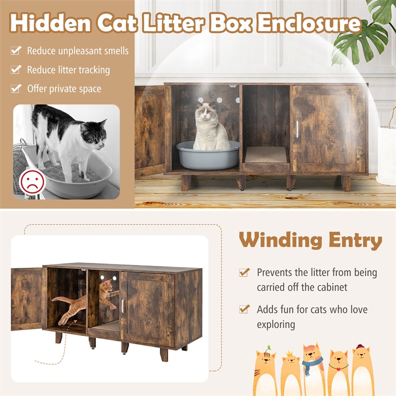 Cat Litter Box Enclosure Double Litter Box Furniture Large Hidden Cat Washroom TV Stand Side Table with 2 Cabinets & Scratching Board