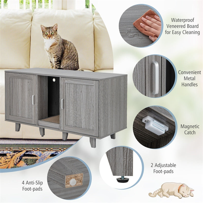 Cat Litter Box Enclosure Double Litter Box Furniture Large Hidden Cat Washroom TV Stand Side Table with 2 Cabinets & Scratching Board