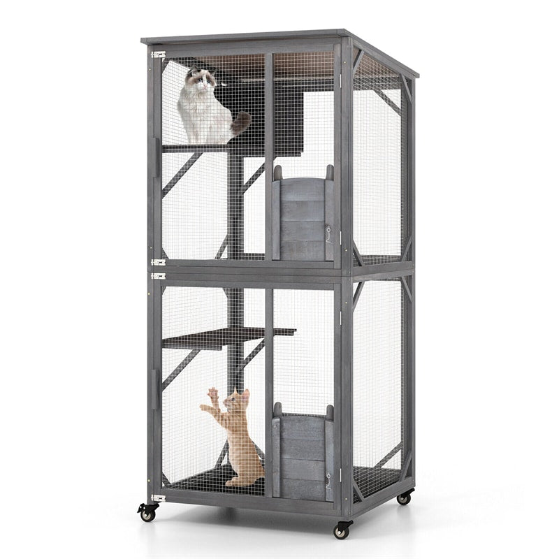 Catio Outdoor Cat Enclosure 72" Tall Wooden Cat House on Wheels with Resting Box, 2 Platforms & Weatherproof Asphalt Roof, Large Cat Playpen Cat Condo