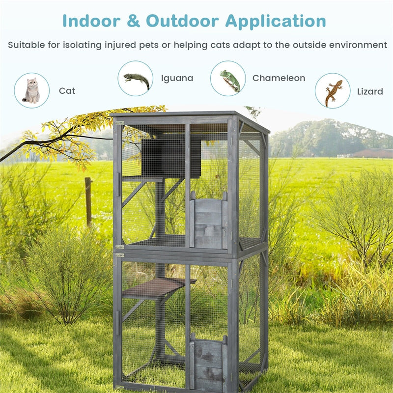 Catio Outdoor Cat Enclosure 72" Tall Wooden Cat House on Wheels with Resting Box, 2 Platforms & Weatherproof Asphalt Roof, Large Cat Playpen Cat Condo