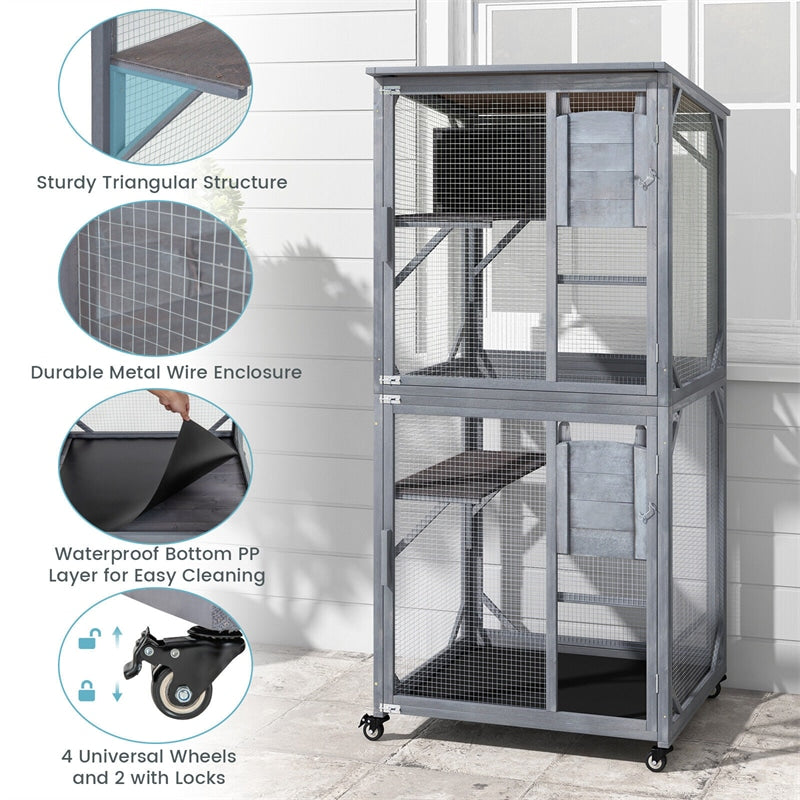 Catio Outdoor Cat Enclosure 72" Tall Wooden Cat House on Wheels with Resting Box, 2 Platforms & Weatherproof Asphalt Roof, Large Cat Playpen Cat Condo